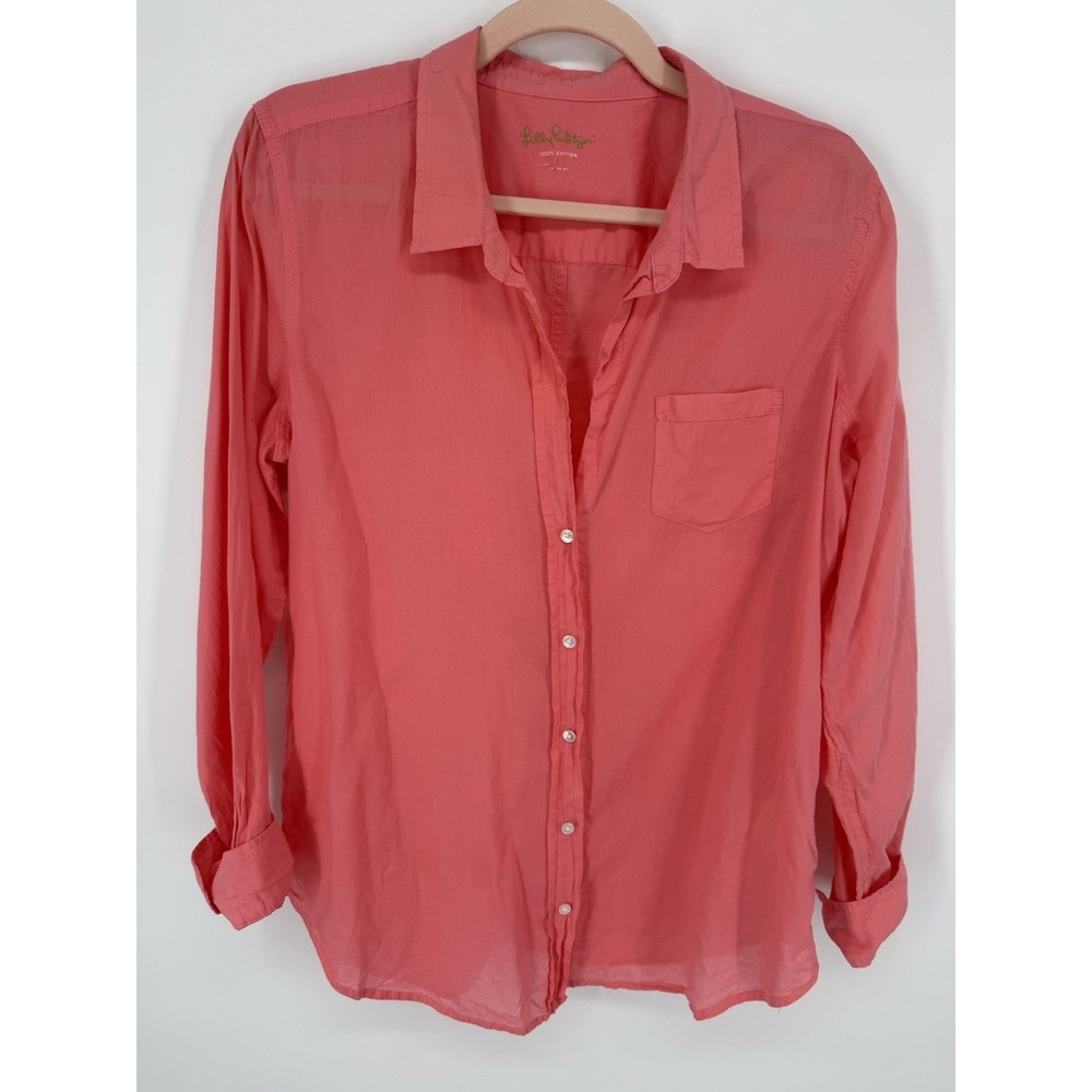Lilly Pulitzer Shirt Womens Coral Pink Airy All Cotton Button Front Pocket Large